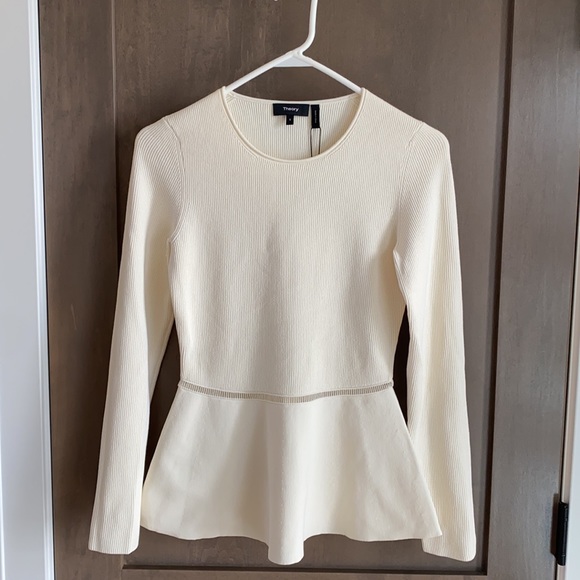 Theory Tops - NWT Theory Open-Stitch Solid Crewneck Peplum Top Ivory/Cream Size S